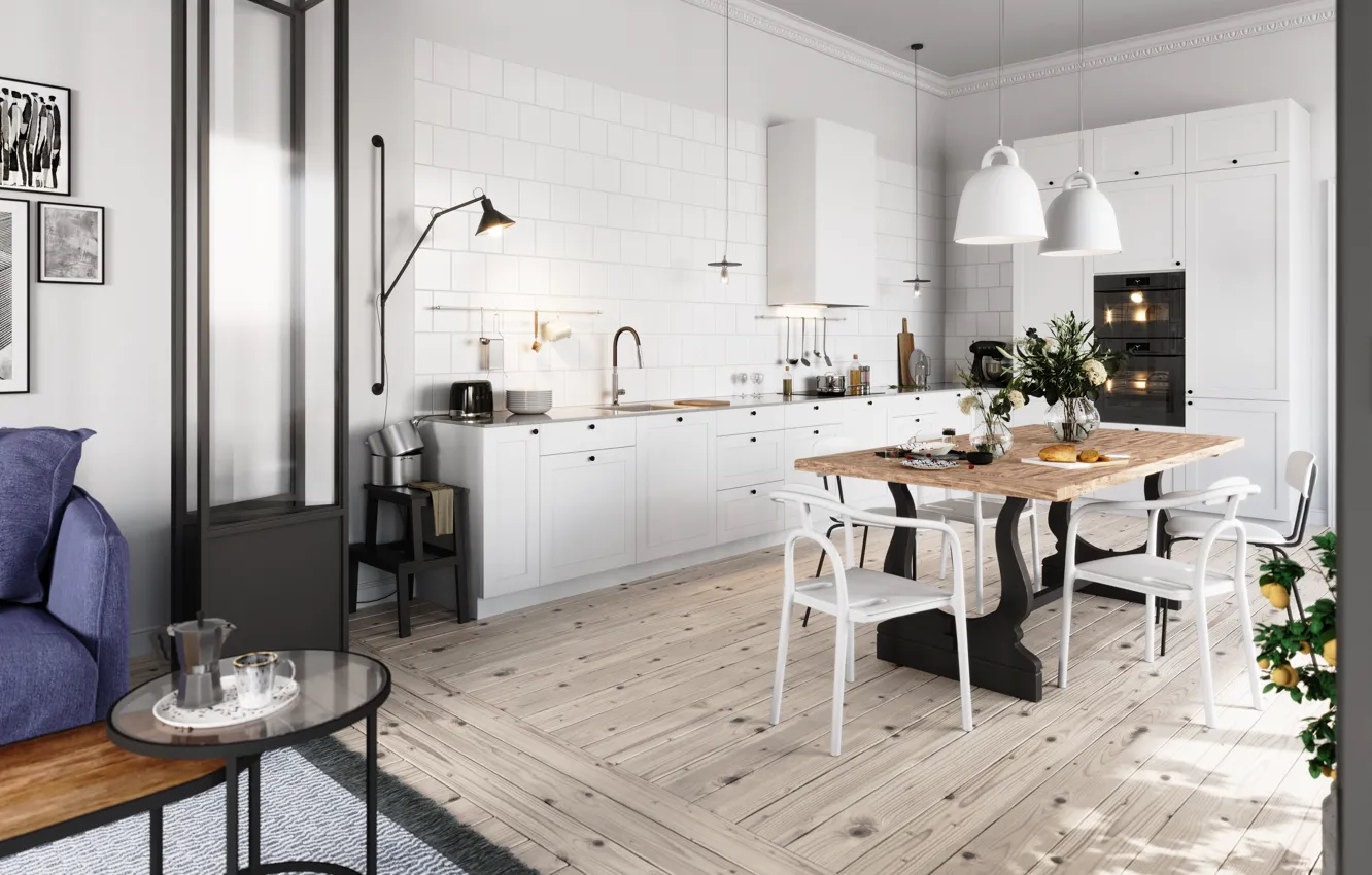 Фото обои дизайн, интерьер, кухня, гостиная, столовая, скандинавский стиль