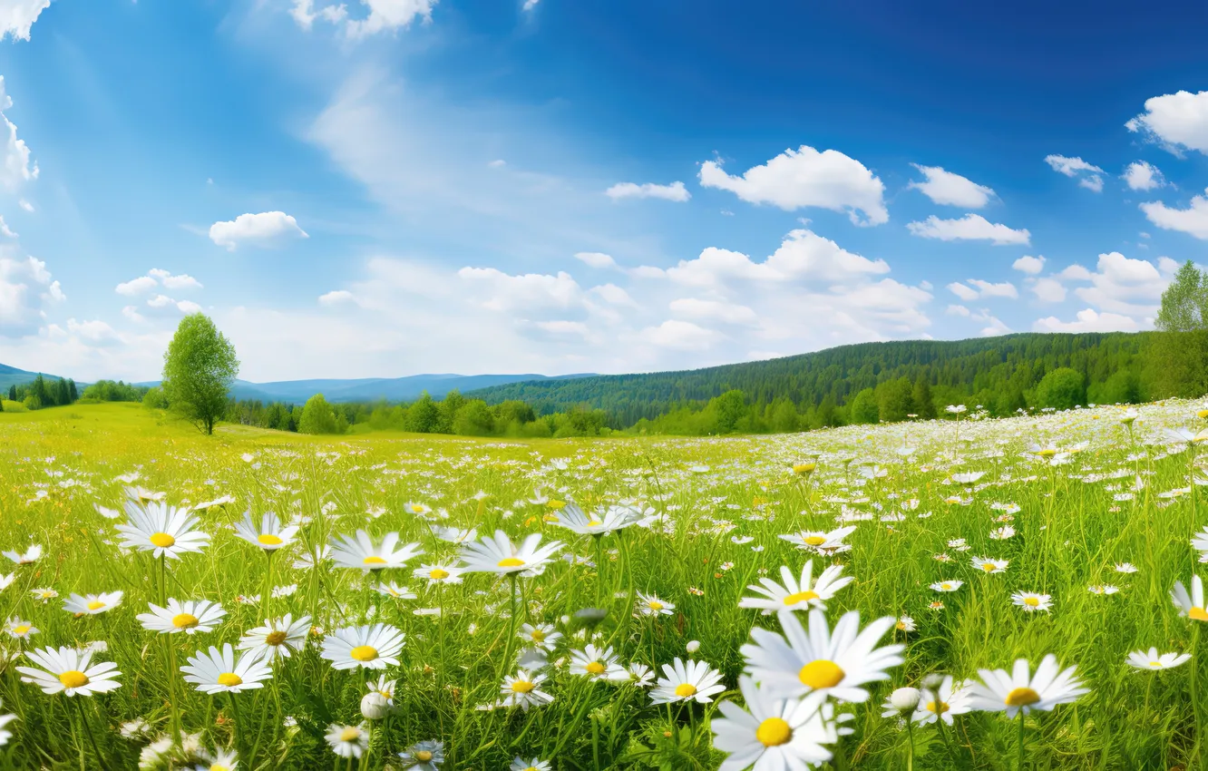Фото обои поле, солнце, цветы, ромашки, весна, луг, sunshine, spring