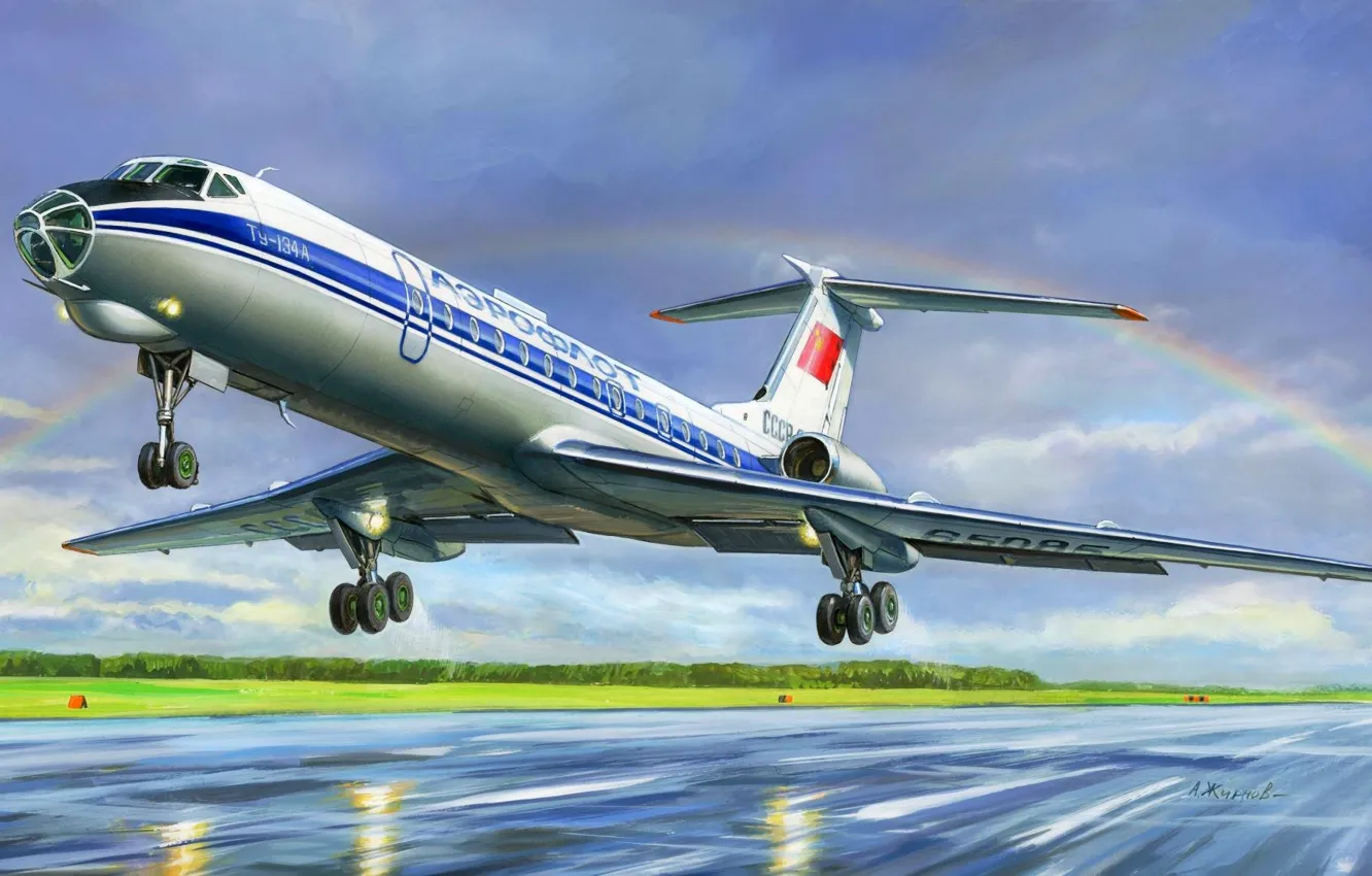 Фото обои самолет, рисунок, ссср, аэрофлот, пассажирский, А.Жирнов, Ту-134Б, КБ Туполева