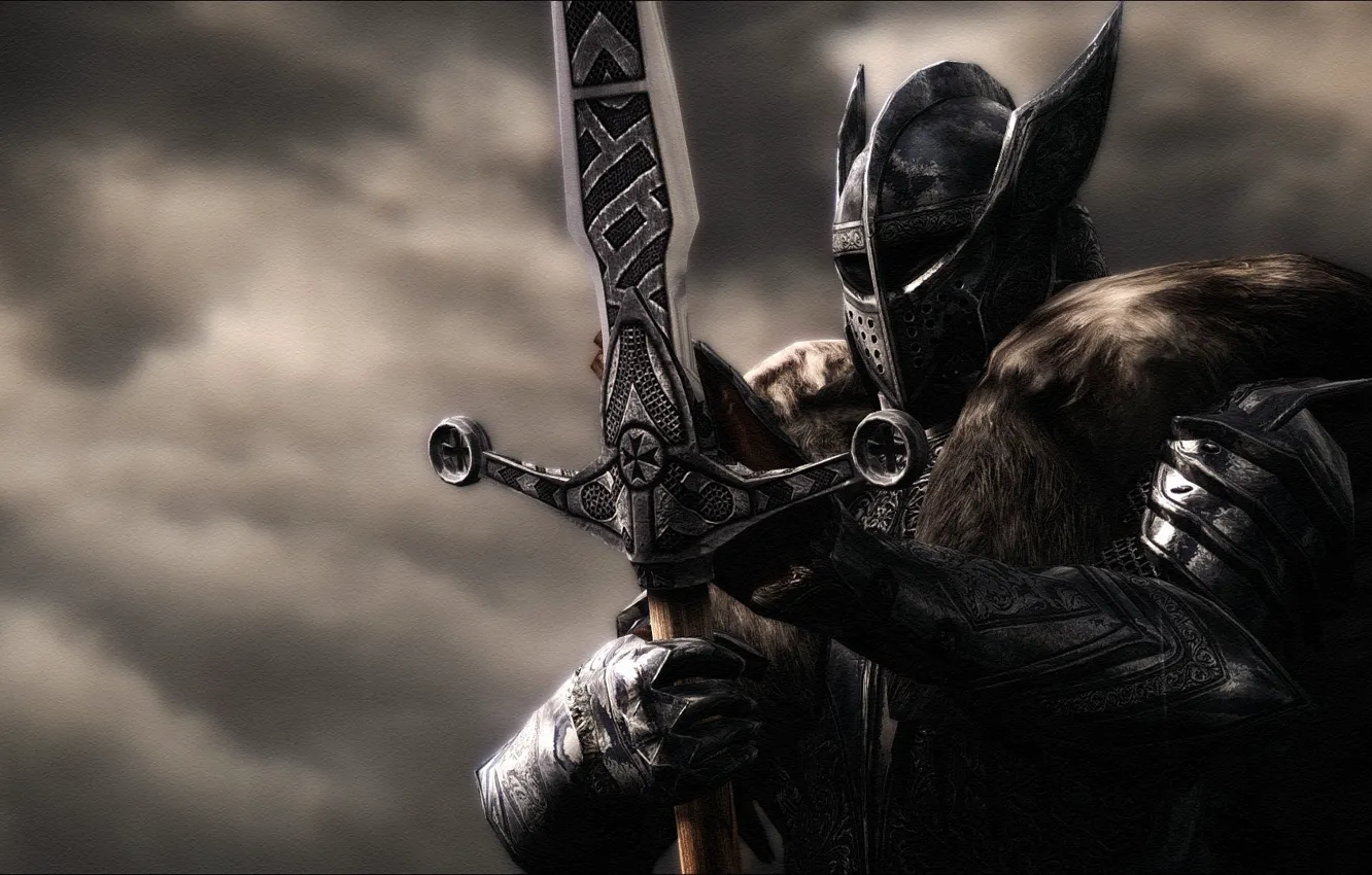 Фото обои металл, рендеринг, фон, меч, доспехи, воин, шлем, рыцарь