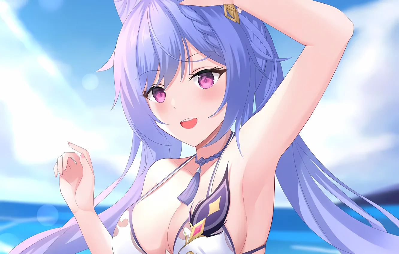 Фото обои girl, sexy, cleavage, sky, long hair, sea, boobs, anime