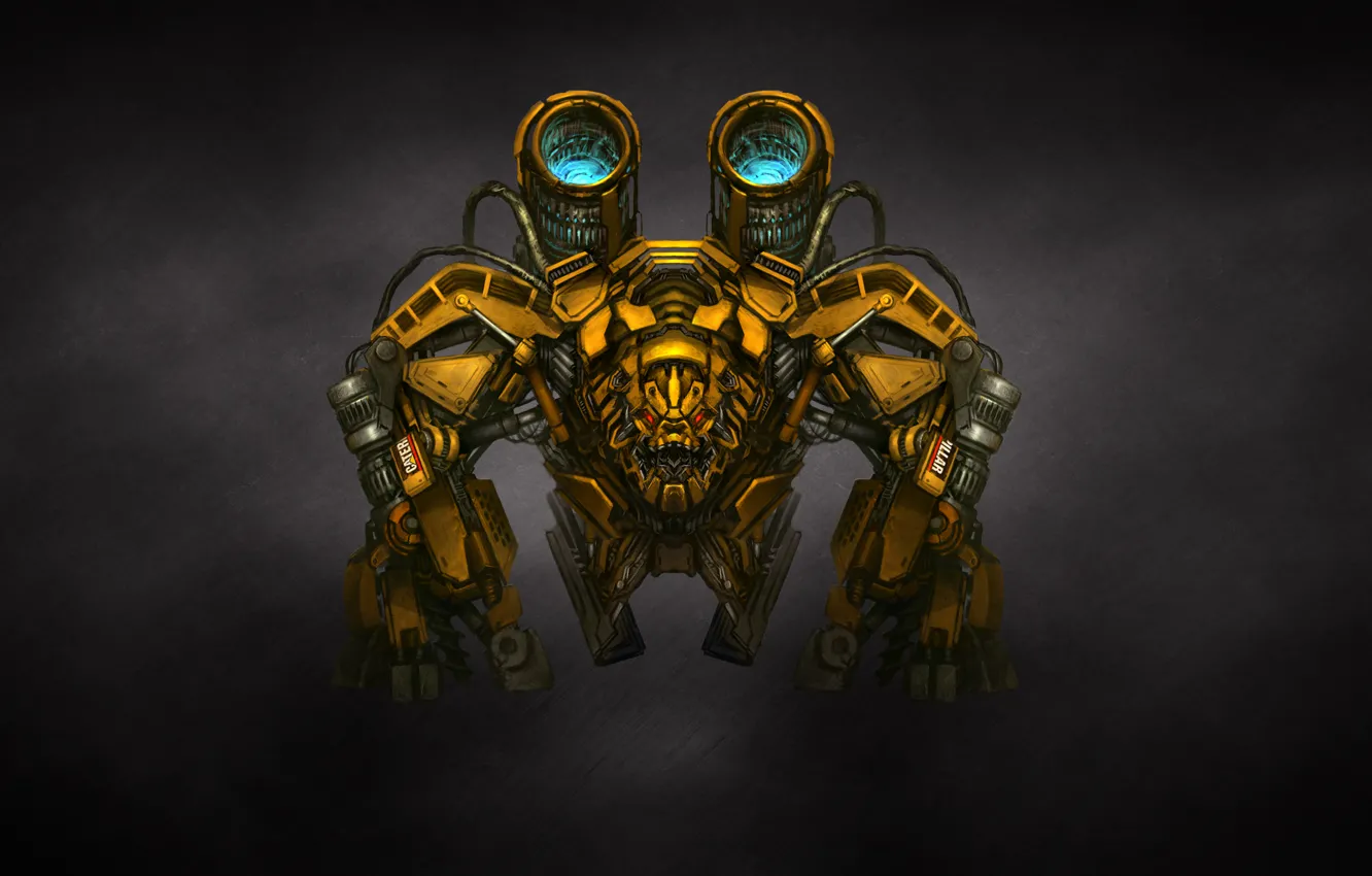 Фото обои желтый, трансформеры, темный фон, оружие, механизм, робот, пушки, transformers