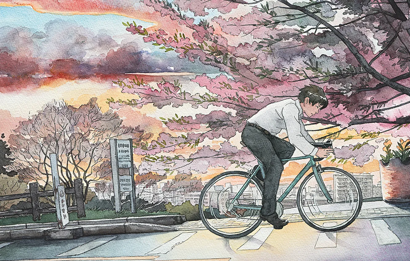 Фото обои велосипед, город, скорость, Япония, акварель