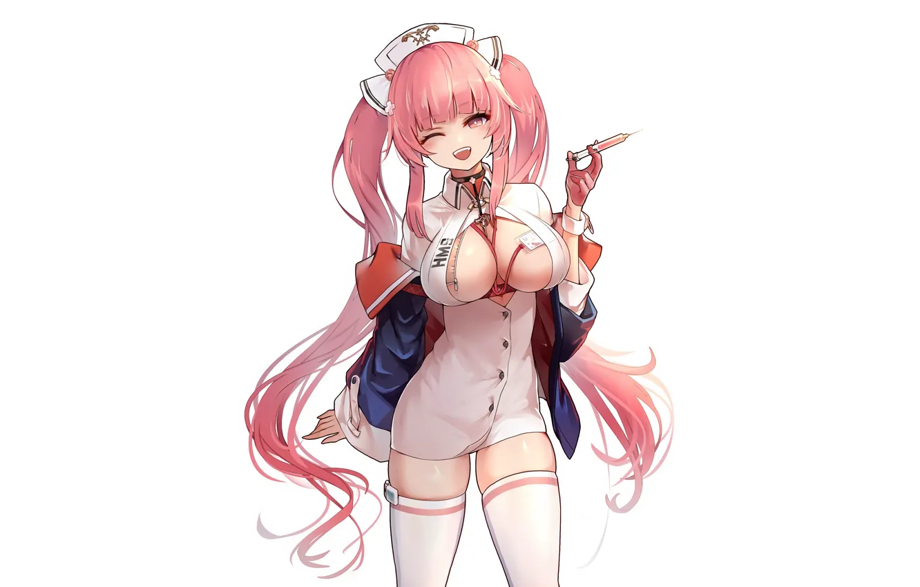 Фото обои girl, sexy, cleavage, thighhighs, pink hair, long hair, dress, boobs