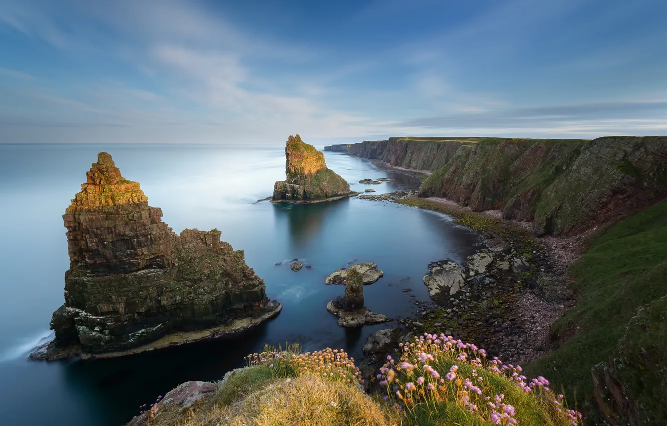 Фото обои скалы, побережье, Шотландия, Scotland, Северное море, North Sea, Duncansby Stacks, Caithness