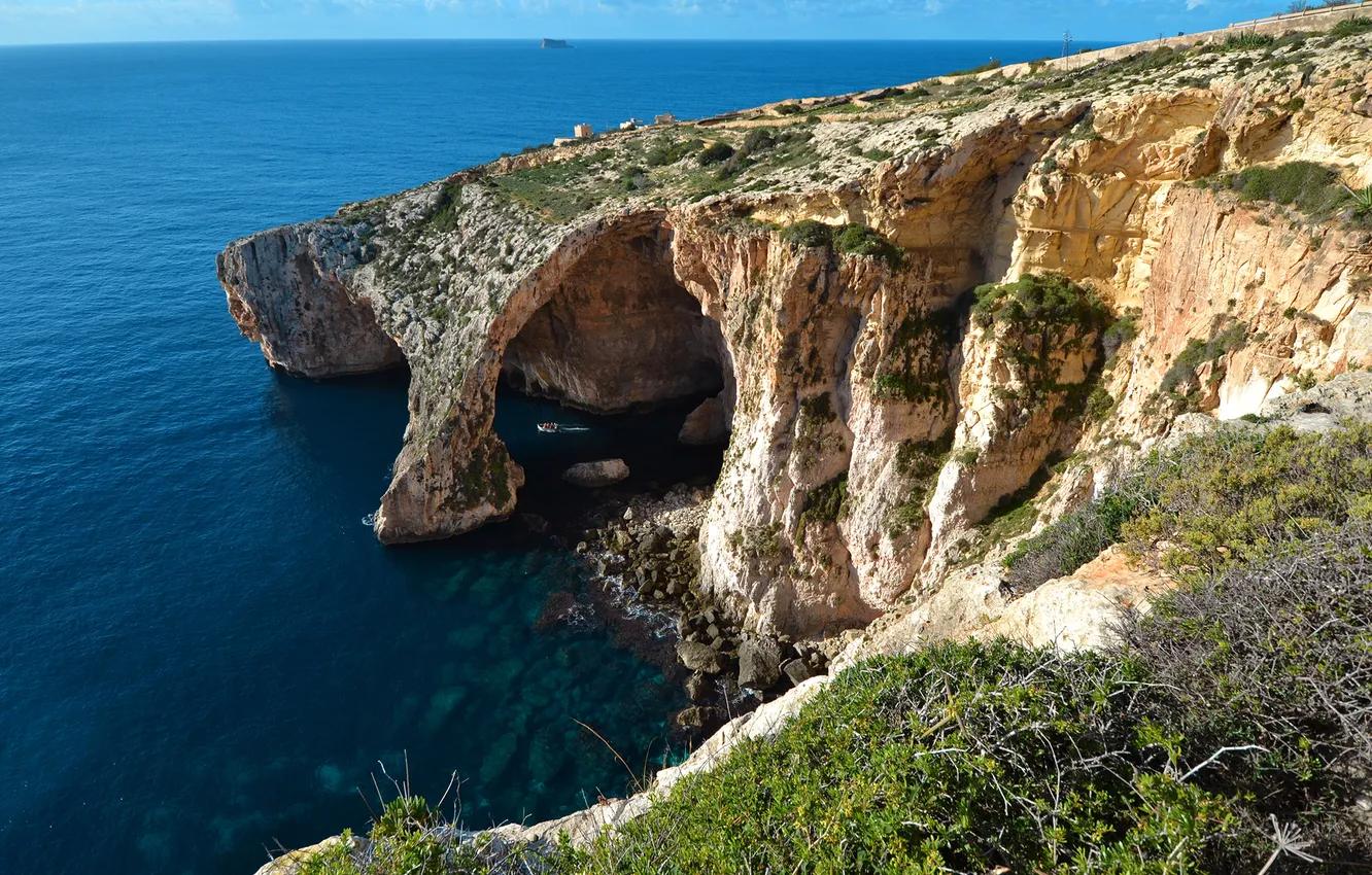 Фото обои море, небо, скалы, арка, мыс, Мальта, голубой грот