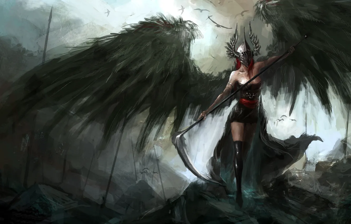 Фото обои оружие, фантастика, крылья, арт, шлем, коса, падший ангел