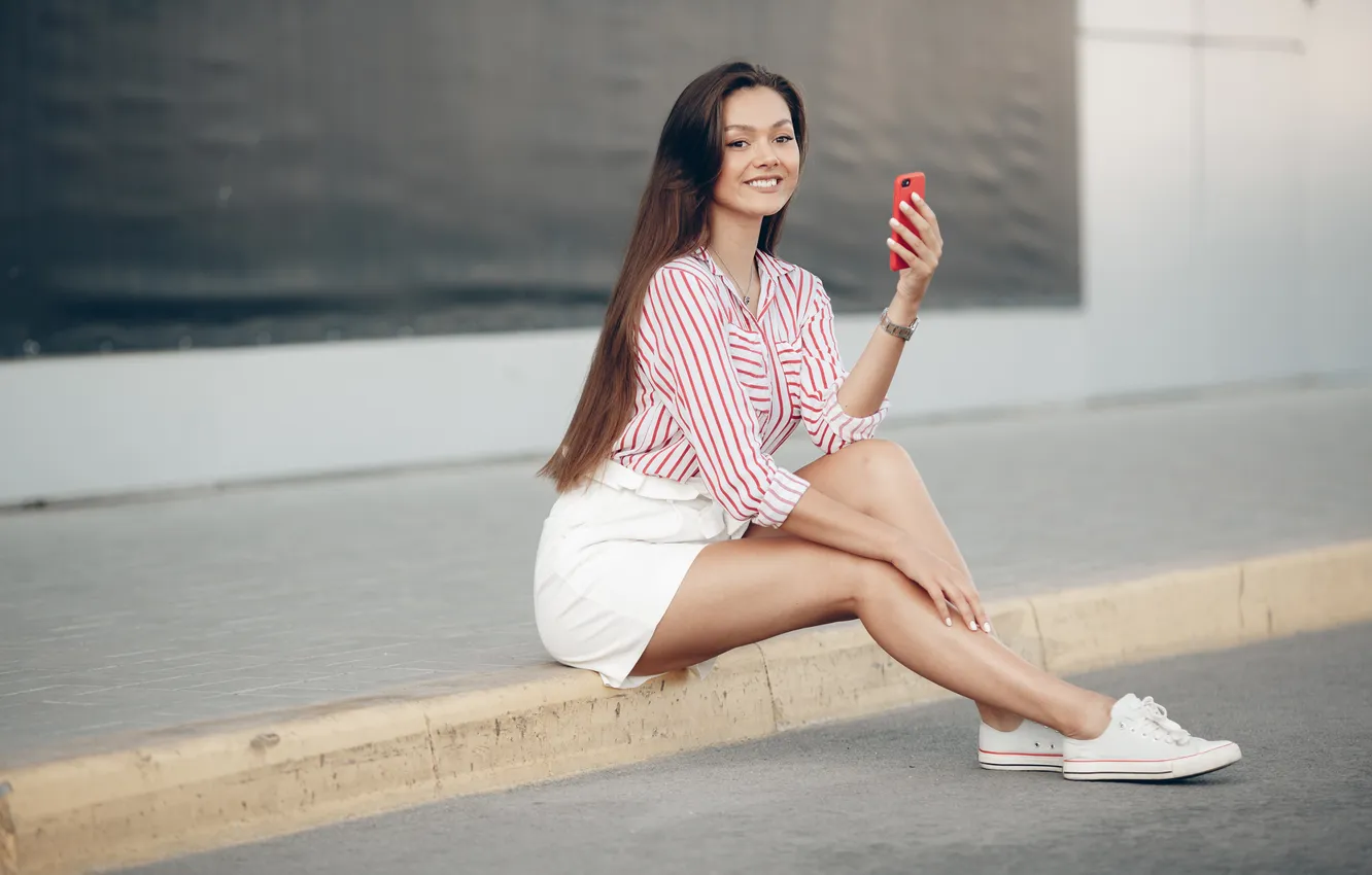 Фото обои girl, beautiful, model, skirt, long-haired, sneakers