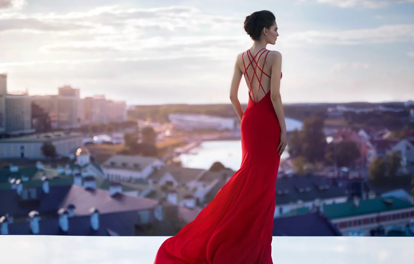Фото обои город, модель, платье, панорама, мода