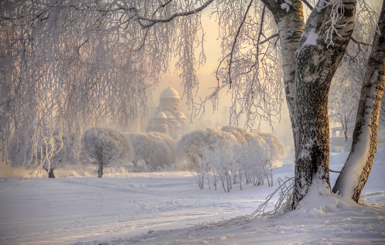 Фото обои зима, иней, снег, природа, дерево, церковь, Россия
