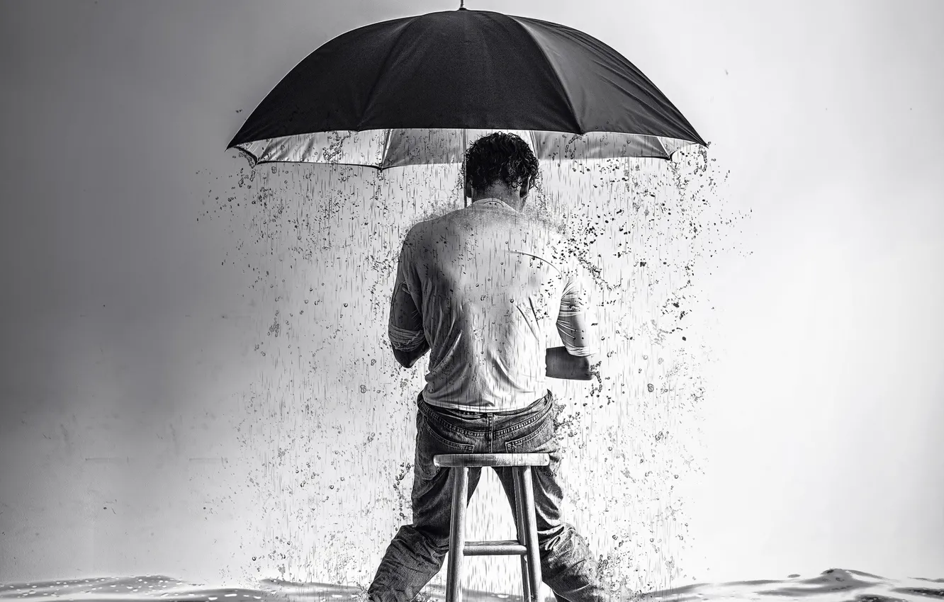 Фото обои rain, boy, surreal, stool