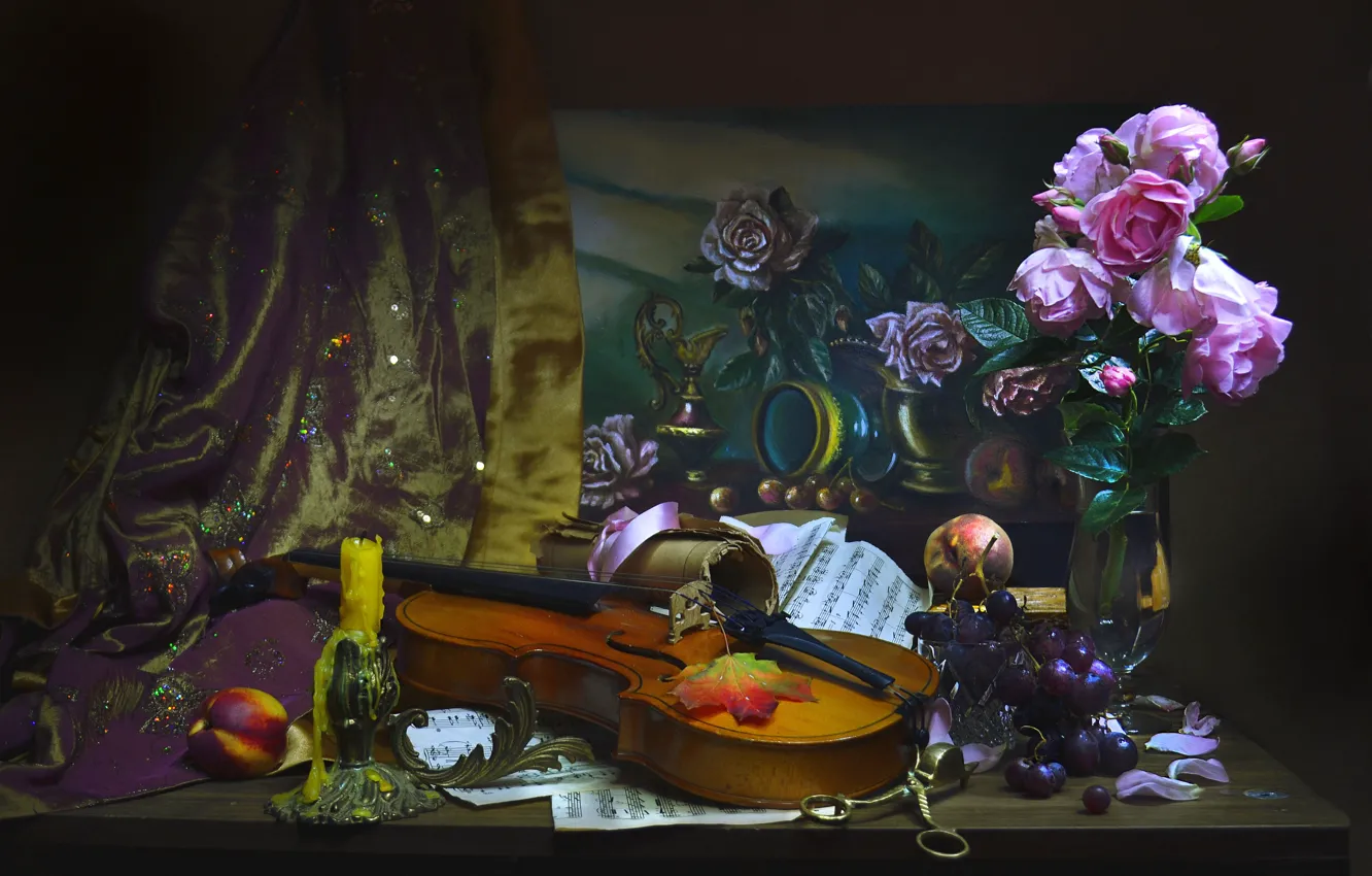 Фото обои цветы, ягоды, ноты, скрипка, розы, свеча, картина, виноград