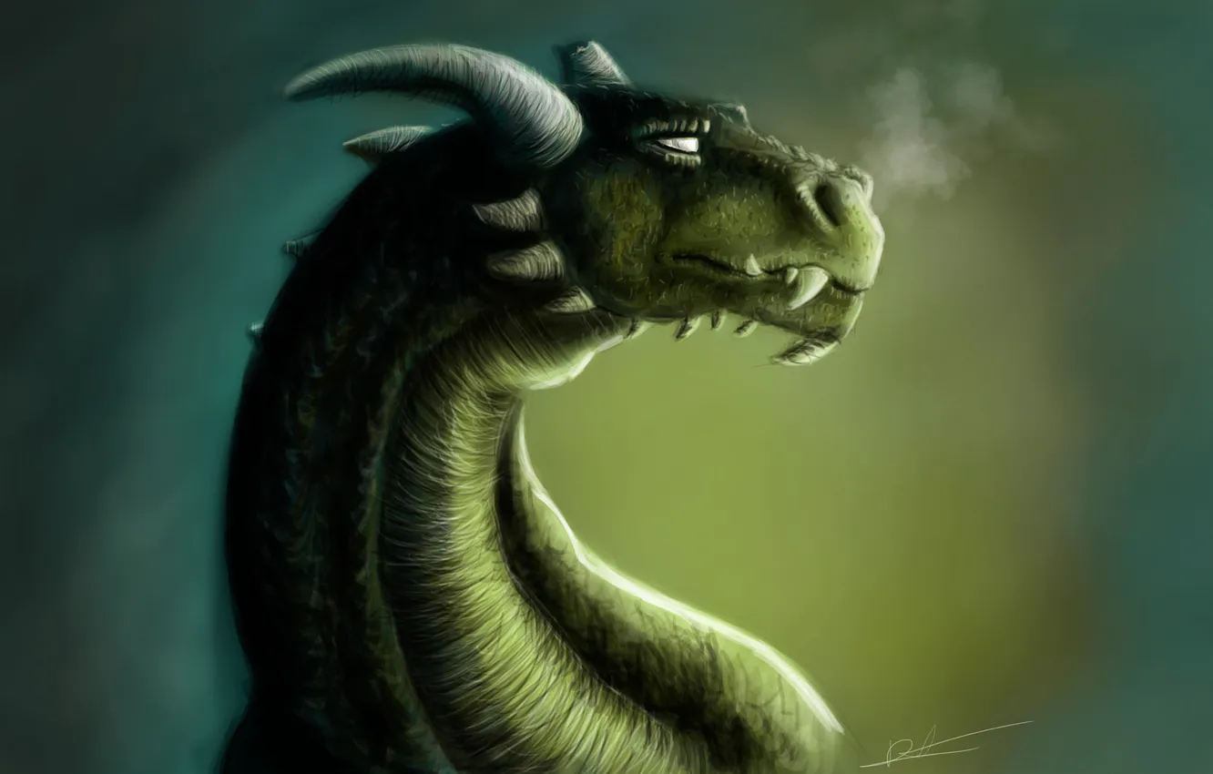 Фото обои взгляд, зеленый, фон, фантастика, дракон, арт, рога