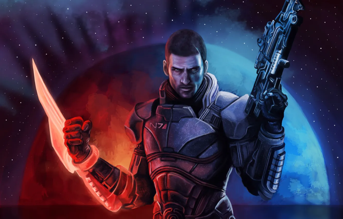 Фото обои взгляд, оружие, игра, арт, броня, John Shepard, Mass Effect