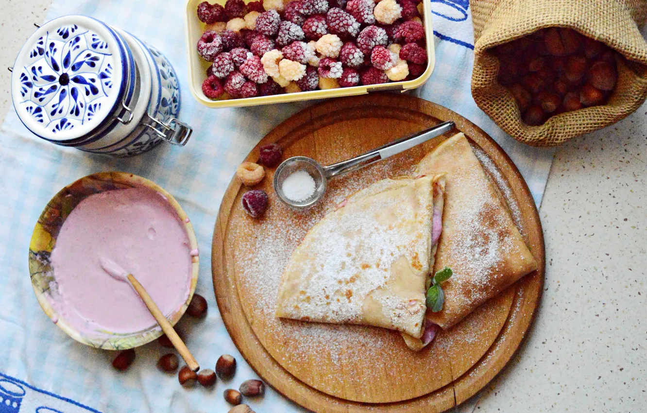 Фото обои Raspberries, крем, Малина, pancakes, Блины