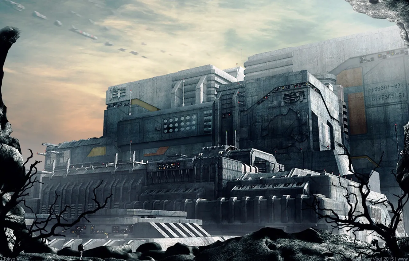 Фото обои небо, облака, деревья, камни, Fortress, Neo Tokyo V