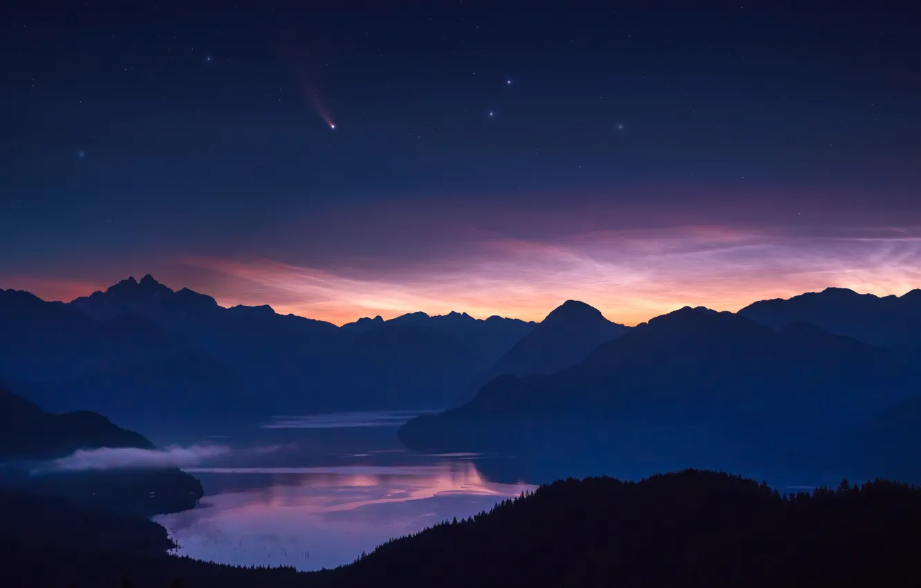 Фото обои звезды, горы, комета, mountains, stars, comet, NEOWISE, Richard Liu