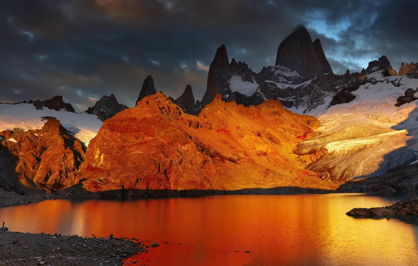 Фото обои снег, пейзаж, горы, озеро, рассвет, Argentina, Аргентина, Patagonia