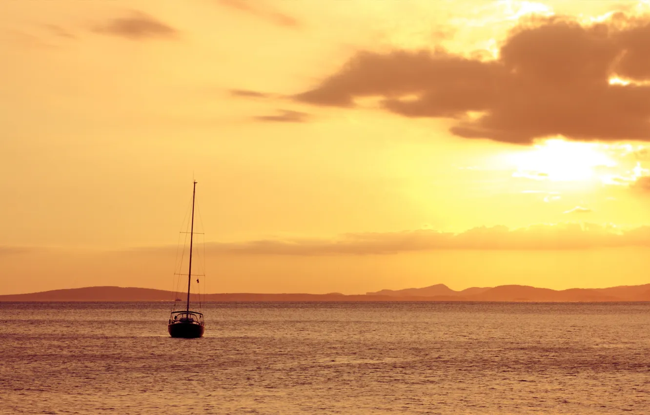 Фото обои море, закат, яхта, горизонт, Майорка, Mallorca