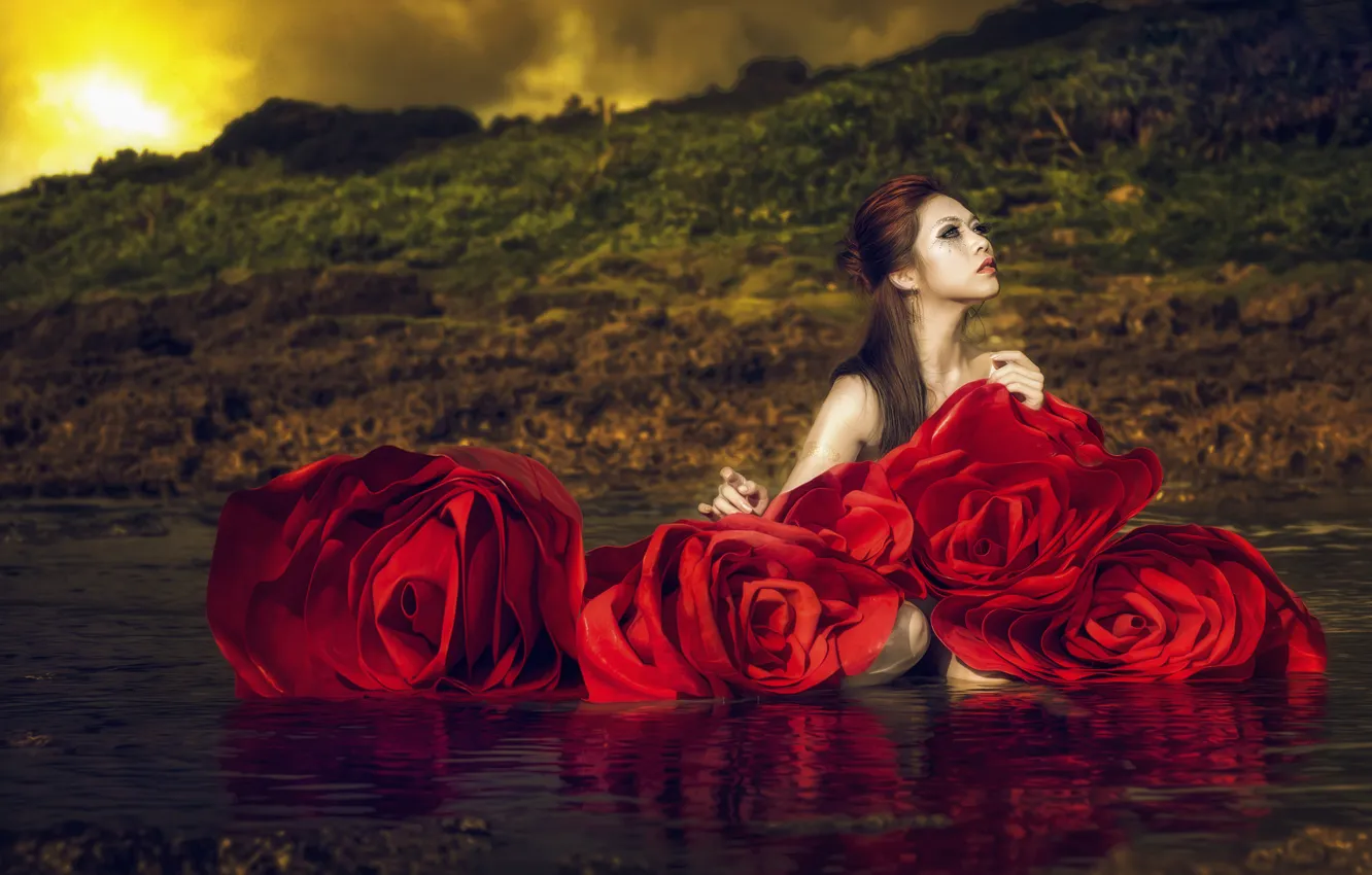 Фото обои вода, девушка, цветы, стиль, розы, азиатка