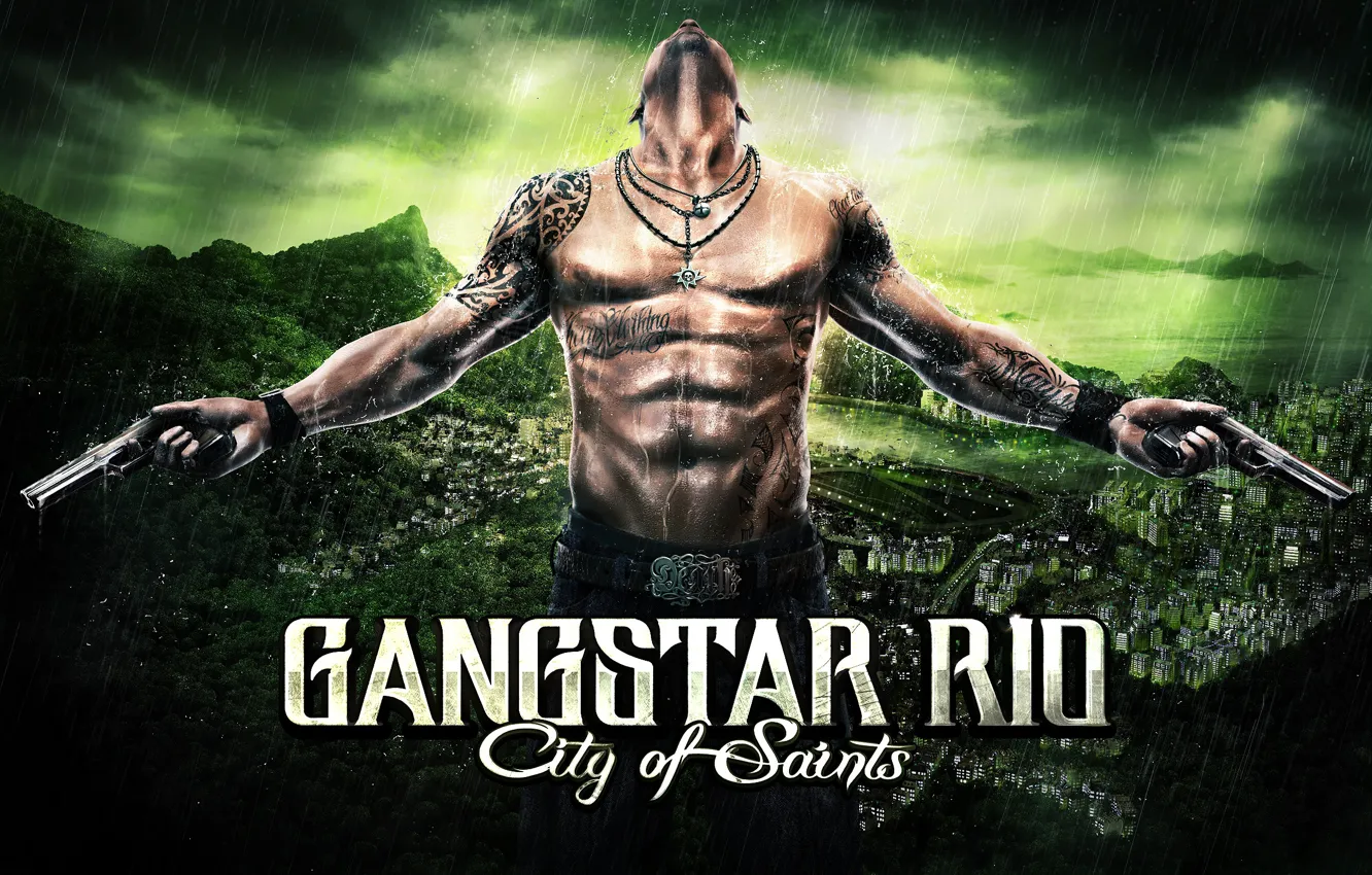 Фото обои дождь, парень, торс, зелёный фон, Raul, Gangstar Rio: City of Saints