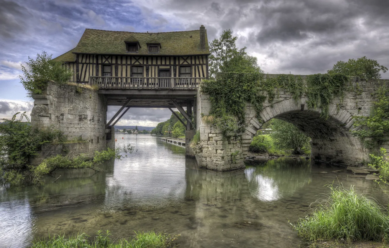 Фото обои мост, дом, река