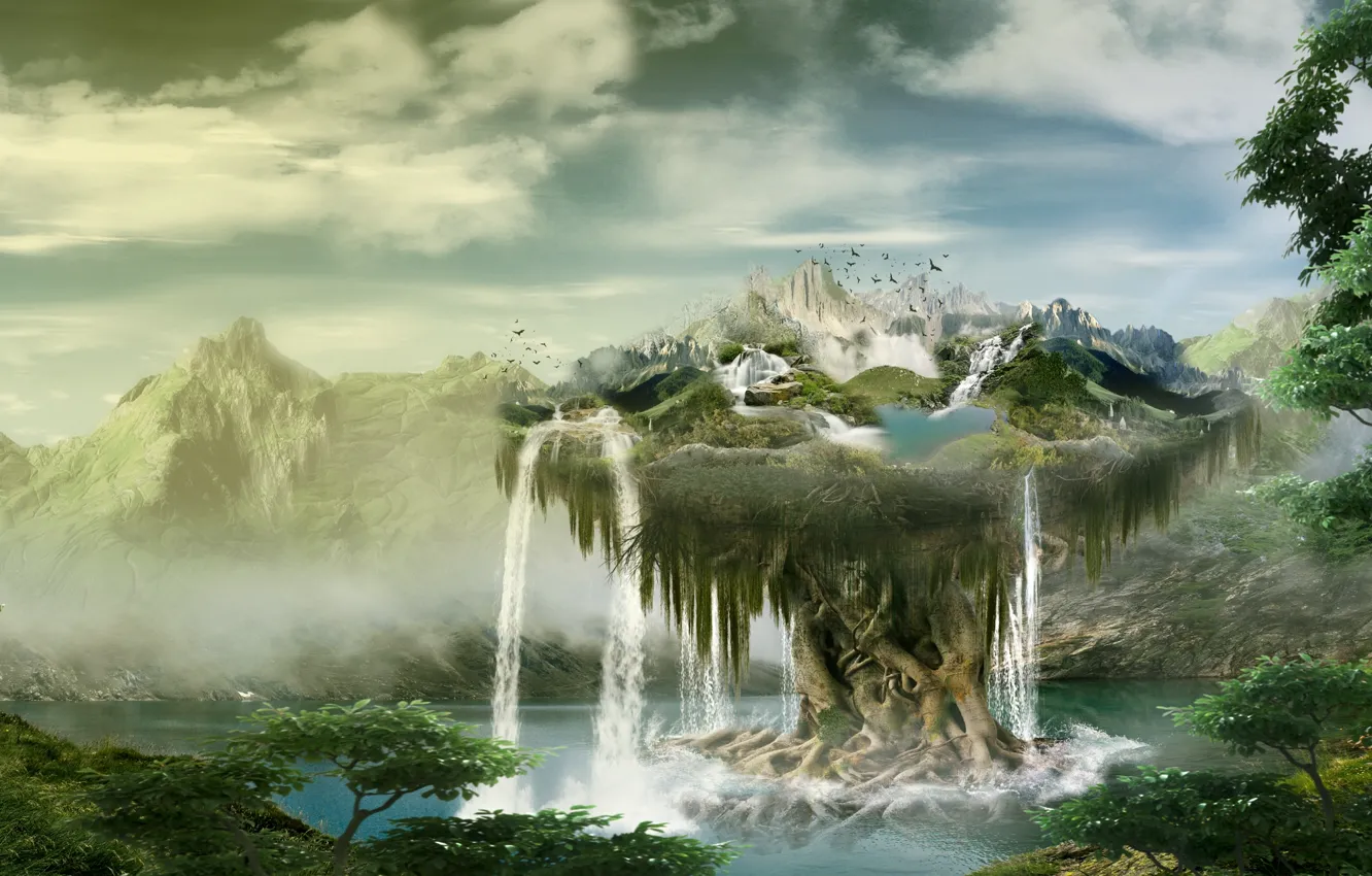 Фото обои деревья, горы, природа, водопад