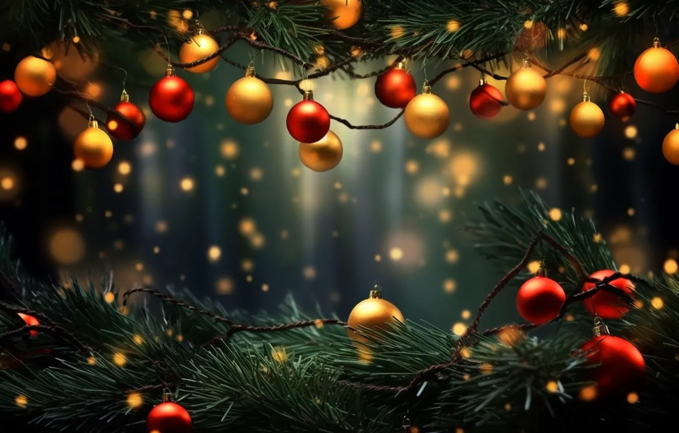 Фото обои украшения, шары, елка, Новый Год, Рождество, red, golden, new year