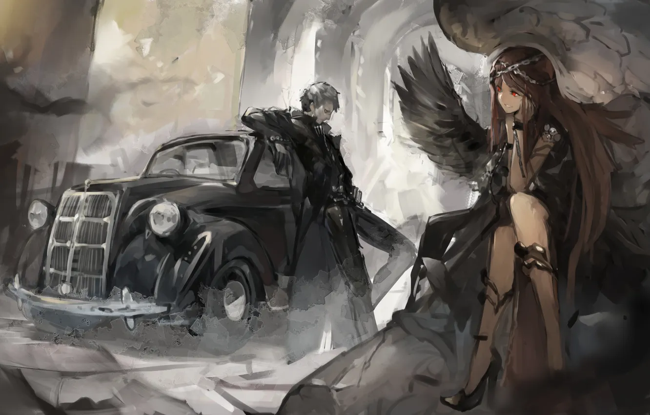 Фото обои машина, девушка, дым, крылья, аниме, арт, цепь, парень