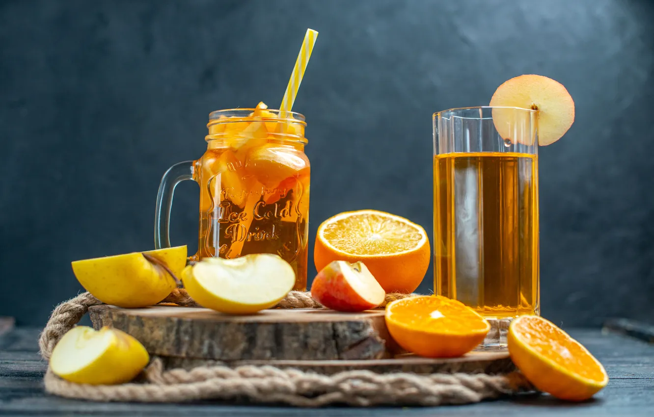 Фото обои cocktail, apples, oranges, cut, wood board