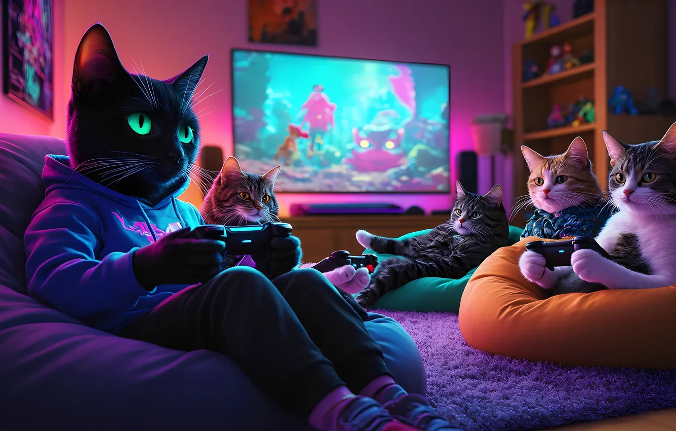 Фото обои игры, коты, геймеры, джостики, игроманы