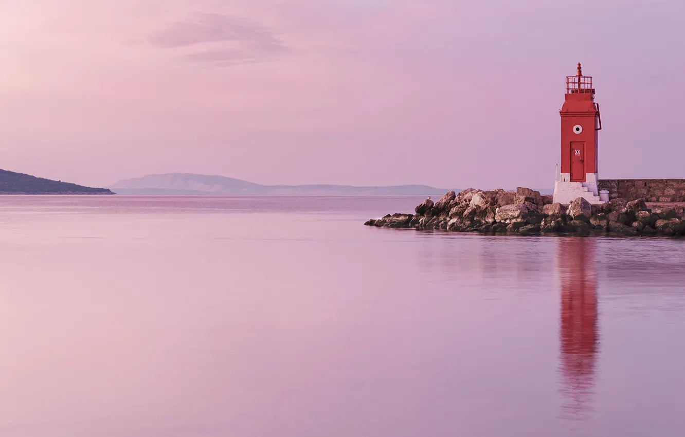 Фото обои sea, morning, sunrise, dawn, lighthouse, Croatia, Adriatic Sea, Krk
