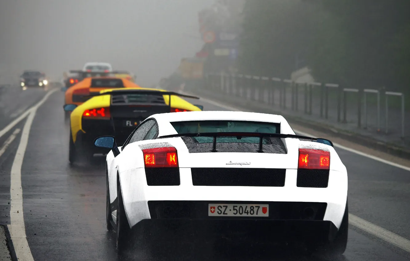 Фото обои белый, оранжевый, желтый, туман, дождь, черный, Lamborghini, шоссе
