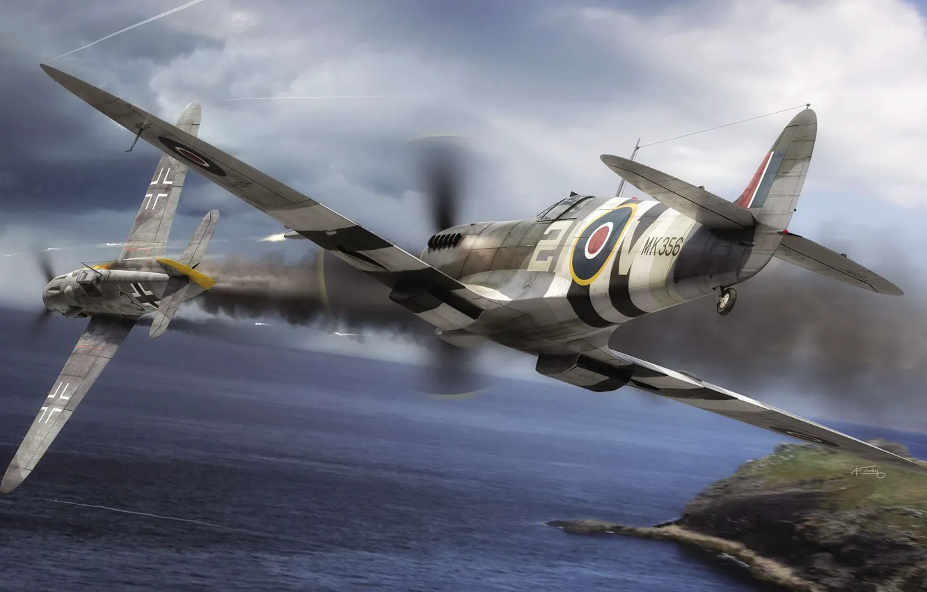 Фото обои Messerschmitt, Luftwaffe, WW2, Royal Air Force, Painting, Dogfight, Spitfire F.Mk.IX, Bf.109G-6