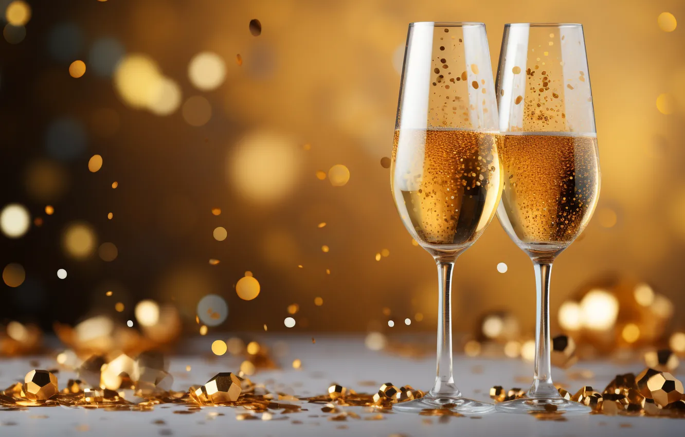 Фото обои украшения, золото, шары, Новый Год, бокалы, golden, new year, шампанское