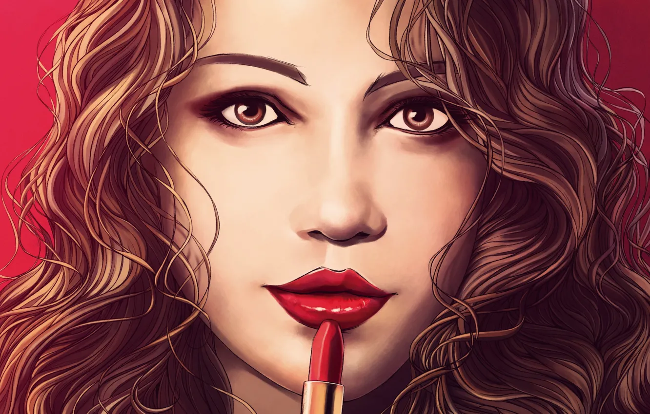 Фото обои взгляд, девушка, лицо, волосы, помада, арт, живопись, красные губы