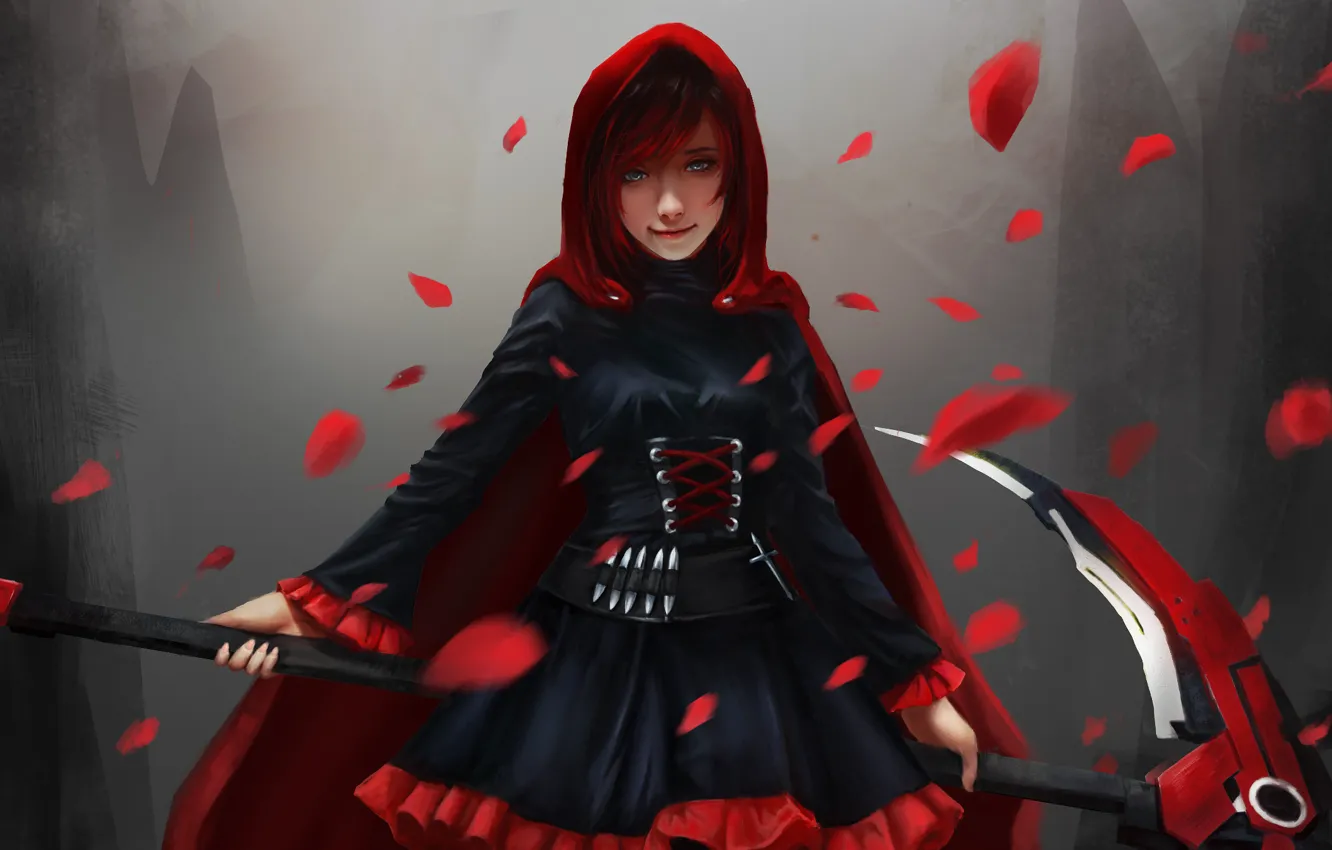 Фото обои лепестки, коса, red, плащ, anime, art, rwby, ruby rose