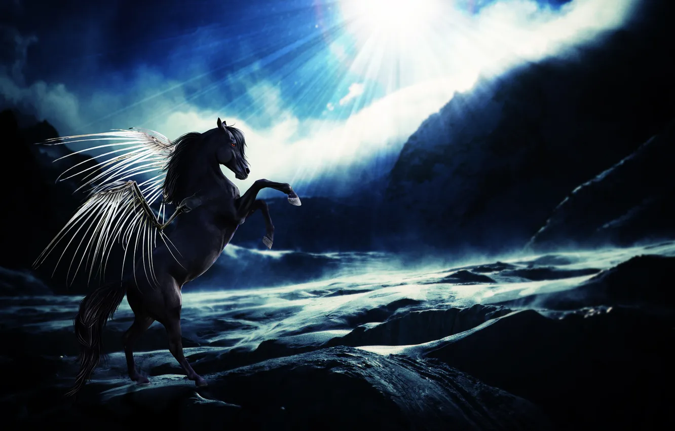 Фото обои солнце, облака, скалы, крылья, Лошадь, красные глаза