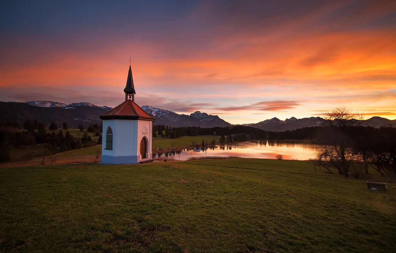 Фото обои закат, горы, озеро, Бавария, горизонт, церковь