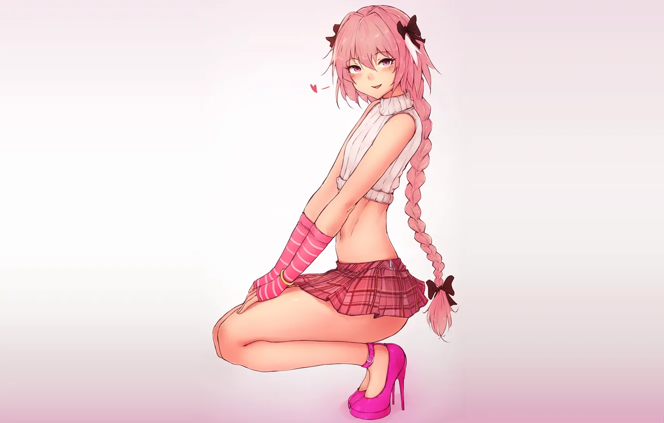 Фото обои pink hair, long hair, digital art, fan art, high heels, skirt, sweater, Fate Series