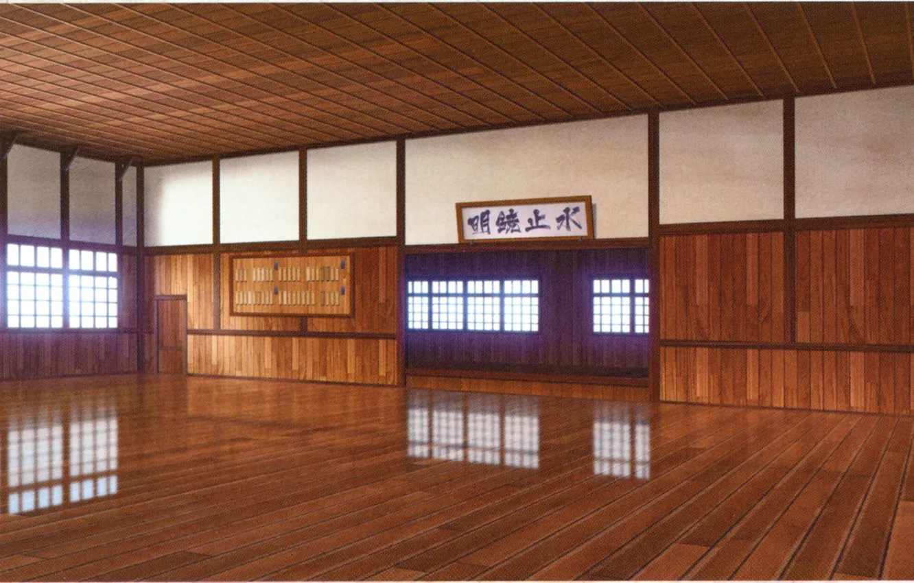 Фото обои отражение, окна, иероглифы, деревянный пол, visual novel, додзё, Suuran Digit, спортивный зал