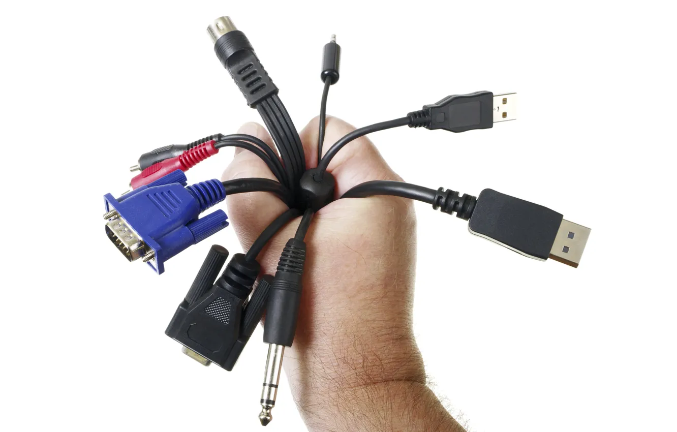 Фото обои hand, cables, connectors