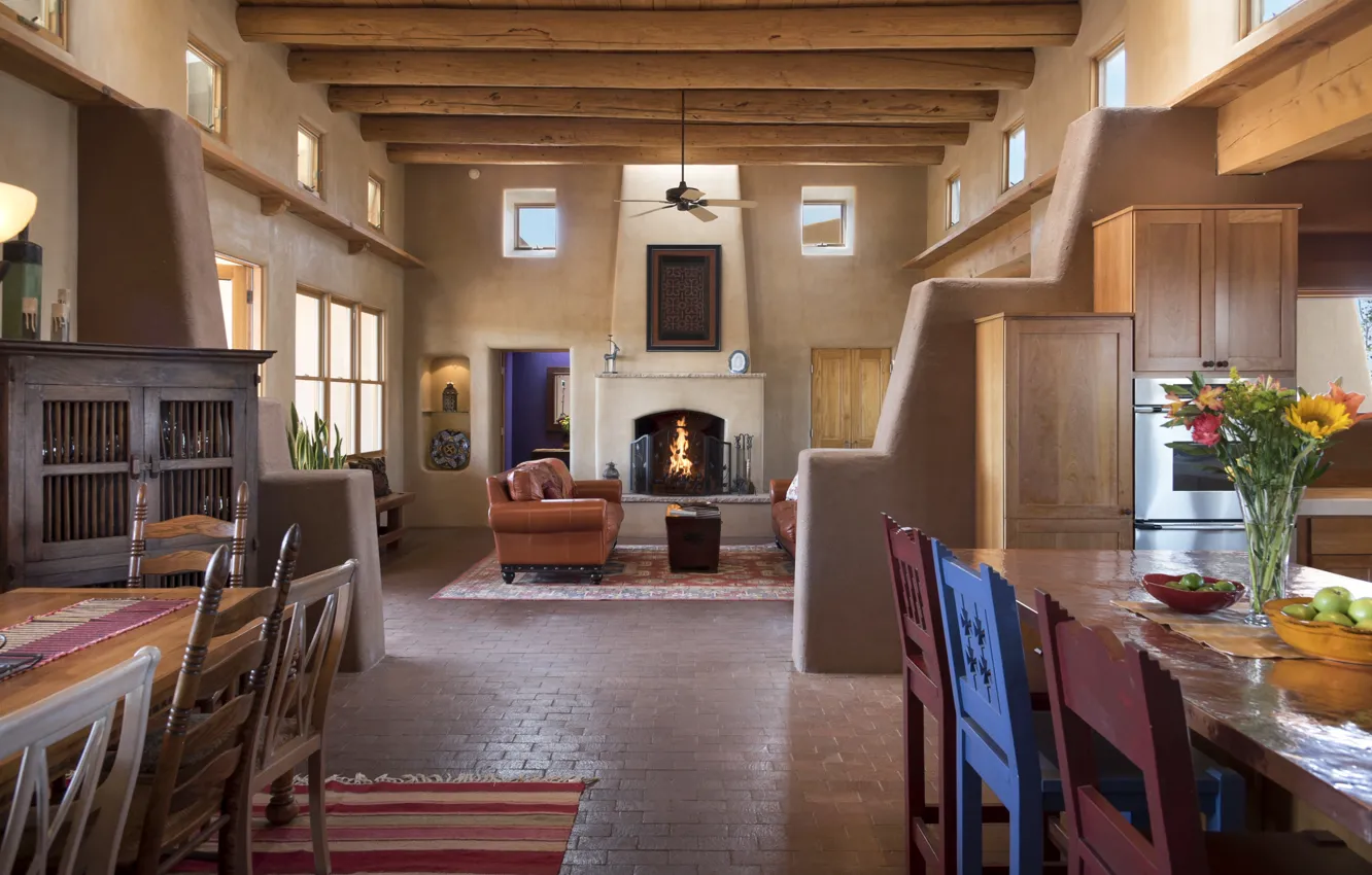 Фото обои интерьер, камин, гостиная, столовая, New Mexico, Santa Fe, гассиенда, Coppermallow Road