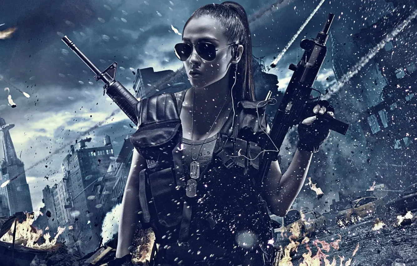 Фото обои девушка, взрыв, город, оружие, стрельба