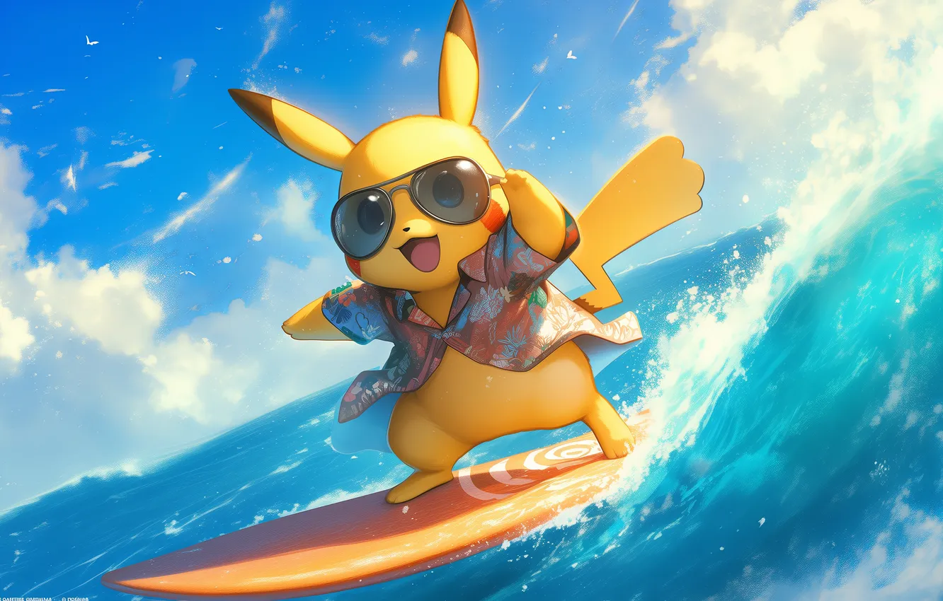Фото обои waves, Hawaii, surfing, Pikachu, shirt, sunglasses, open mouth, looking at viewer