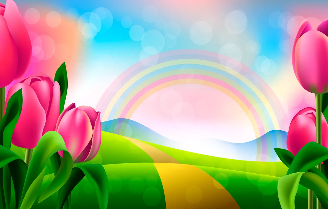 Фото обои рисунок, радуга, тюльпаны
