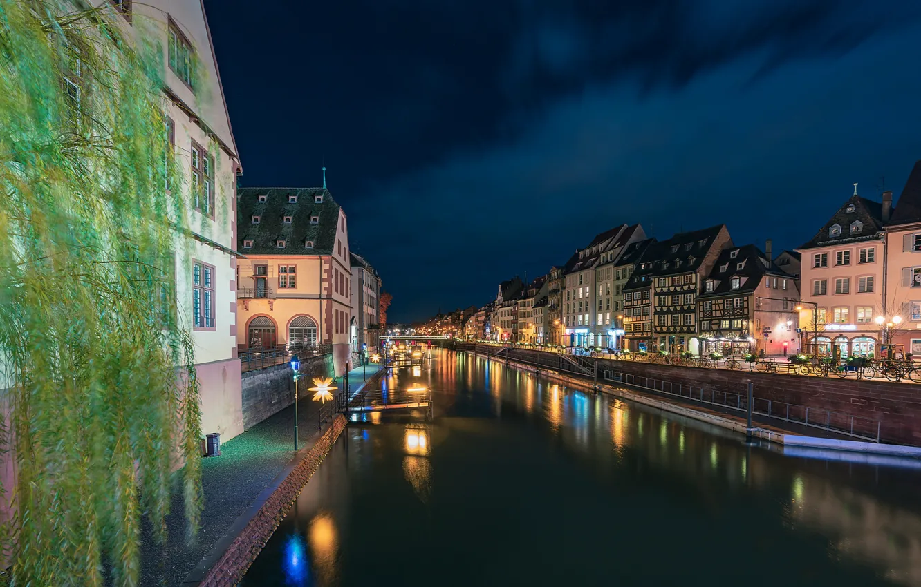Фото обои ночь, огни, Франция, Страсбург