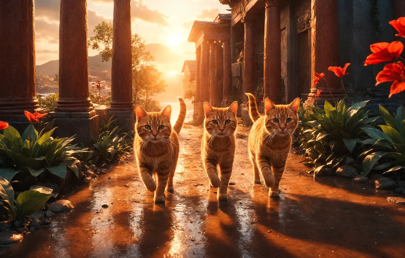 Фото обои кошка, кот, кошки, коты, рыжие, три кота
