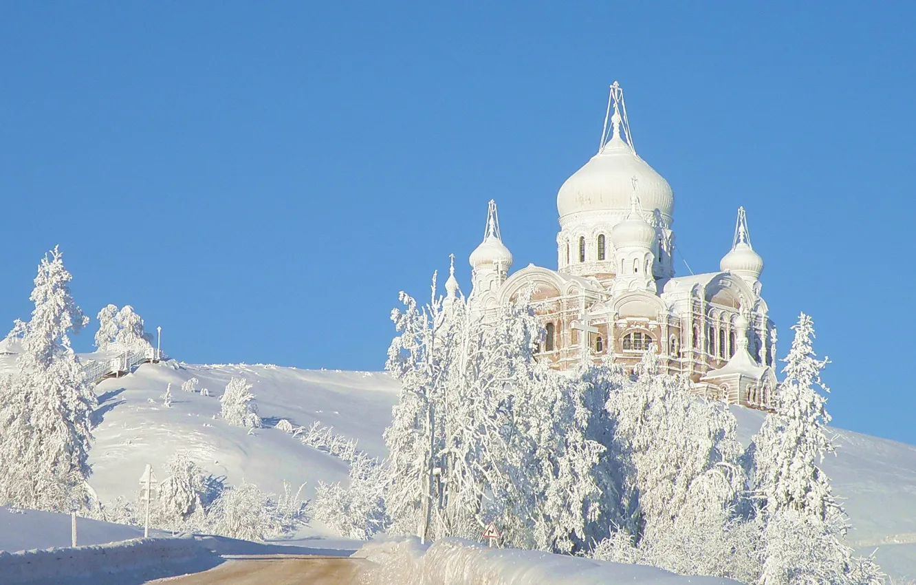 Фото обои иней, деревья, Зима, храм, Белогорье