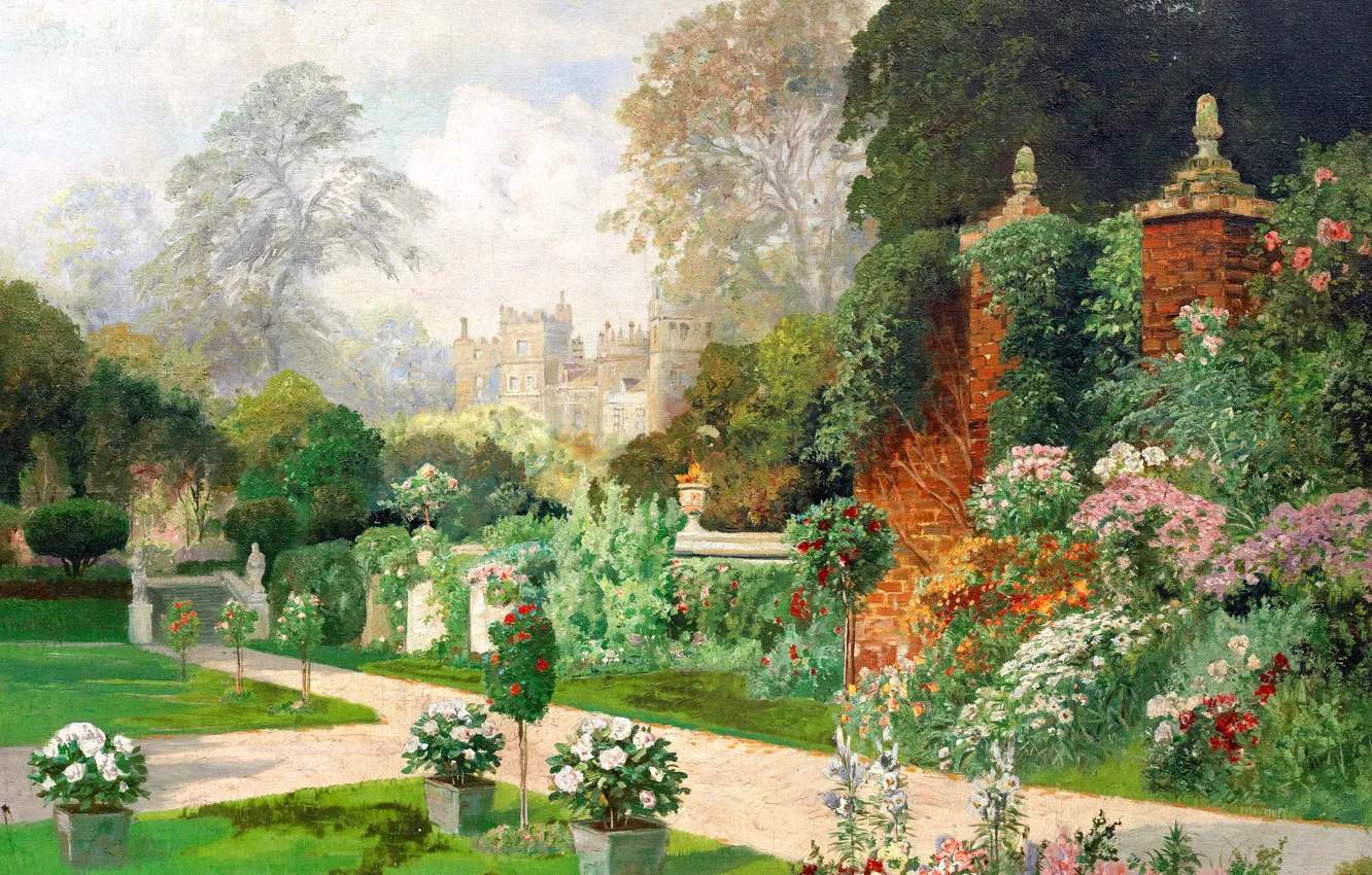 Фото обои Цветы, Дома, Деревья, Картина, Alois Arnegger, Алоис Арнеггер, Австрийский живописец, Великолепие сада